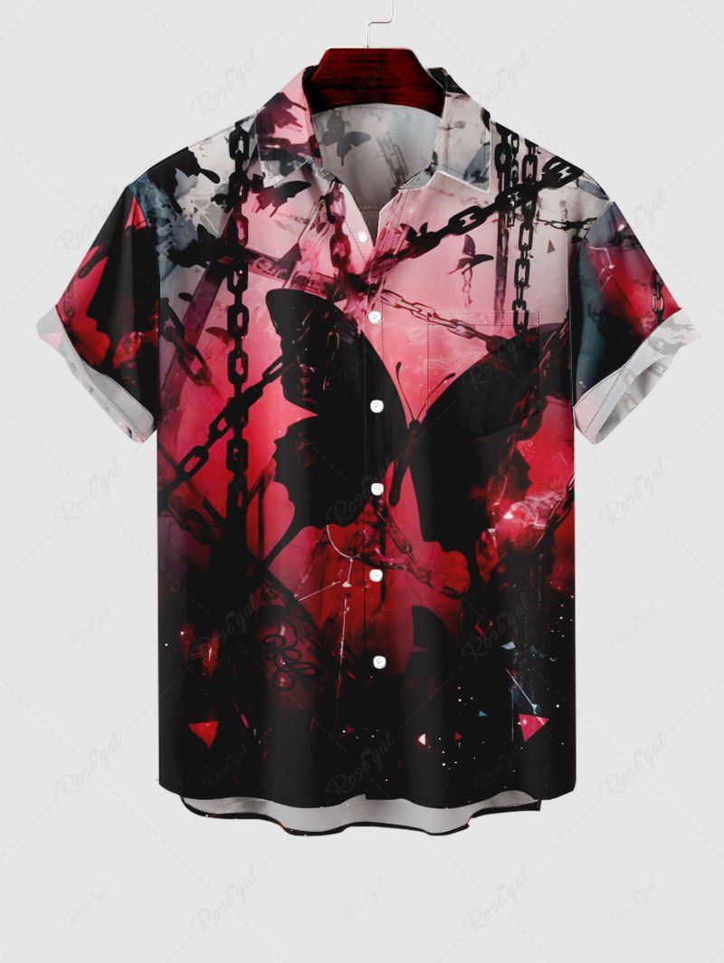 Chemise Plissée Ombré Imprimé Papillon à Chaîne Grande Taille avec Poche pour Homme Rouge 4XL