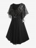 Plus Size Stars Print Buckle Button Pockets Ruched Butterfly Sleeves Dress -  