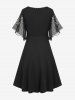 Plus Size Stars Print Buckle Button Pockets Ruched Butterfly Sleeves Dress -  