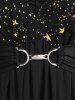Plus Size Stars Print Buckle Button Pockets Ruched Butterfly Sleeves Dress -  