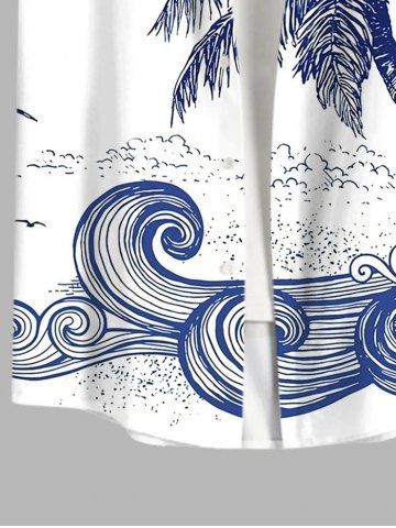 Plus Size Coconut Tree Sea Waves Print Buttons Pocket Hawaii Shirt For Men