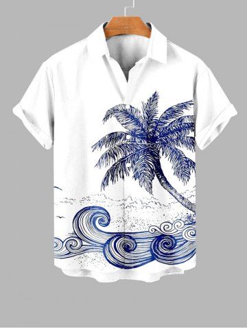 Plus Size Coconut Tree Sea Waves Print Buttons Pocket Hawaii Shirt For Men