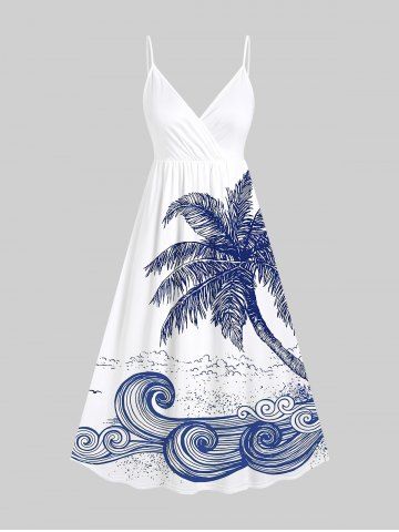 Plus Size Coconut Tree Sea Waves Print Surplice Hawaii Cami Dress - WHITE - XS