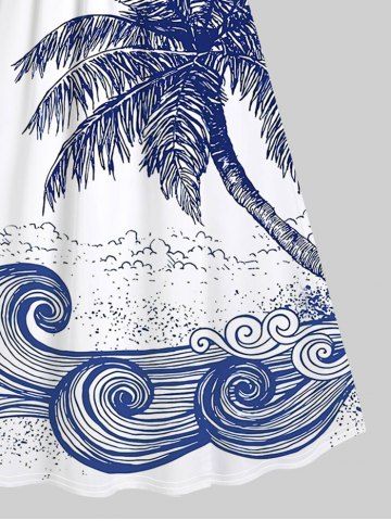 Plus Size Coconut Tree Sea Waves Print Surplice Hawaii Cami Dress