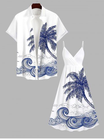Plus Size Coconut Tree Sea Waves Print Surplice Hawaii Cami Dress