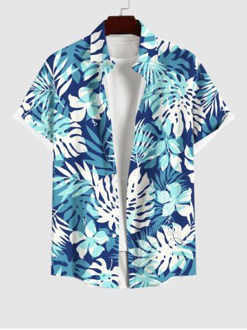 Plus Size Tropical Leaf Flowers Print Buttons Pocket Hawai Shirt For Men - BLUE - L