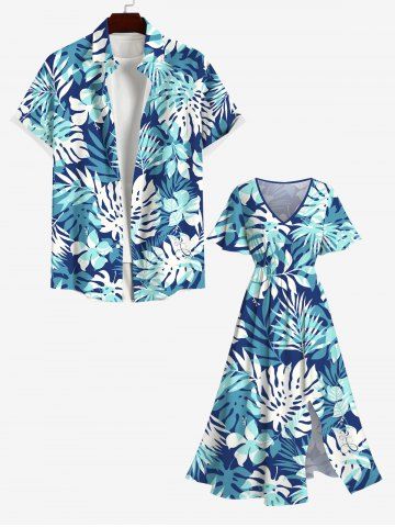 Tropical Leaf Flowers Print Plus Size Matching Hawaii Beach Outfit For Couples - BLUE