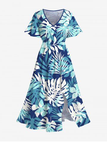 Plus Size Tropical Leaf Flowers Print Hawai Split Midi Dress - BLUE - S