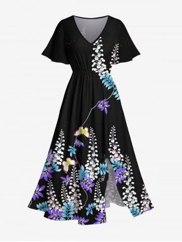 Plus Size Bell Orchid Flower Butterfly Leaves Branch Print Split Pocket A Line Midi Dress - BLACK - 3X