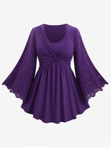 Plus Size Twist Panel Hollow Out Floral Embroidery Flare Sleeve Top - PURPLE - M | US 10