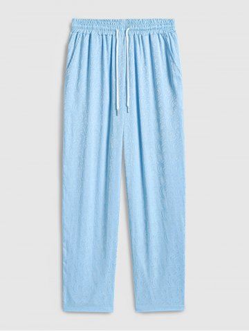 Men's Casual Floral Jacquard Textured Slant Pockets Drawstring Straight Leg Pants - SKY BLUE - M