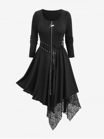 Plus Size Zip Up Ruffle Trim Grommets Buckles Floral Lace Asymmetrical Coat - BLACK - M | US 10