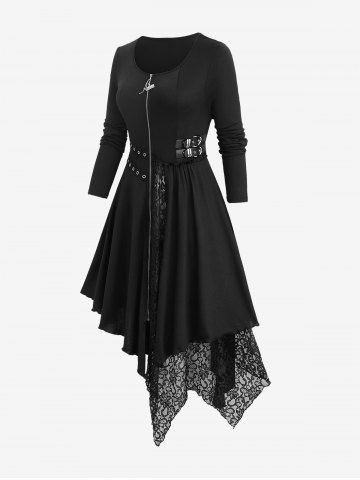 Plus Size Zip Up Ruffle Trim Grommets Buckles Floral Lace Asymmetrical Coat