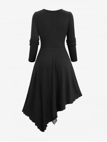 Plus Size Zip Up Ruffle Trim Grommets Buckles Floral Lace Asymmetrical Coat