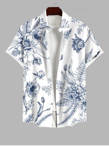 Plus Size Floral Leaves Print Hawaii Button Pocket Shirt For Men - WHITE - S