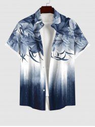 Plus Size Ombre Colorblock Hibiscus Flowers Leaf Print Buttons Pocket Shirt For Men -  