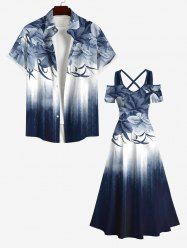 Tenue Ombrée Feuille D'Hibiscus et Fleur Imprimés de Grande Taille pour Couples - Multi-A 
