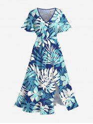Plus Size Tropical Leaf Flowers Print Hawai Split Midi Dress -  