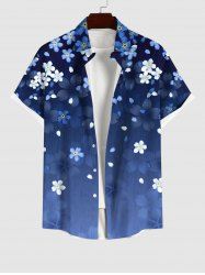 Plus Size Cherry Blossoms Floral Print Hawaii Ombre Button Pocket Shirt For Men -  