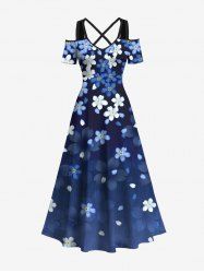 Plus Size Cold Shoulder Cherry Blossoms Floral Print Hawaii Ombre Crisscross A Line Maxi Dress -  