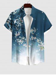 Plus Size Peach Blossom Branch Print Ombre Button Pocket Shirt For Men -  