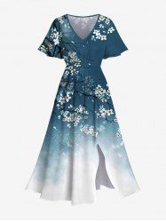 Plus Size Peach Blossom Branch Print Ombre Split Pocket A Line Midi Dress -  