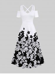 Plus Size Two Tone Flowers Colorblock Print Cold Shoulder Crisscross Hawaii Maxi Dress -  