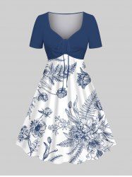 Plus Size Floral Leaves Print Hawaii Cinched A Line Dress -  