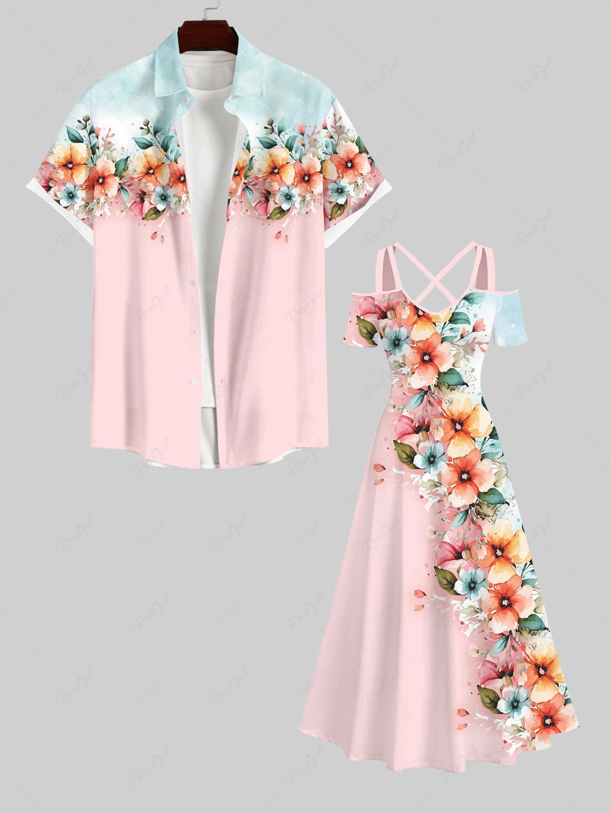 Best Flowers Leaf Colorblock Print Plus Size Matching Hawaii Beach Outfit For Couples  