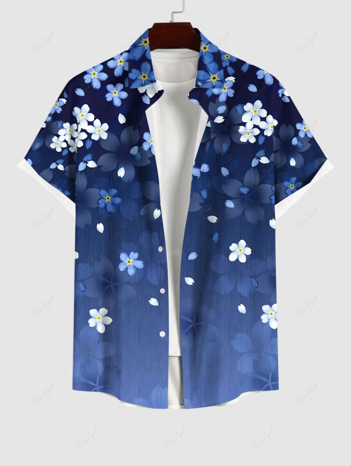 Latest Plus Size Cherry Blossoms Floral Print Hawaii Ombre Button Pocket Shirt For Men  