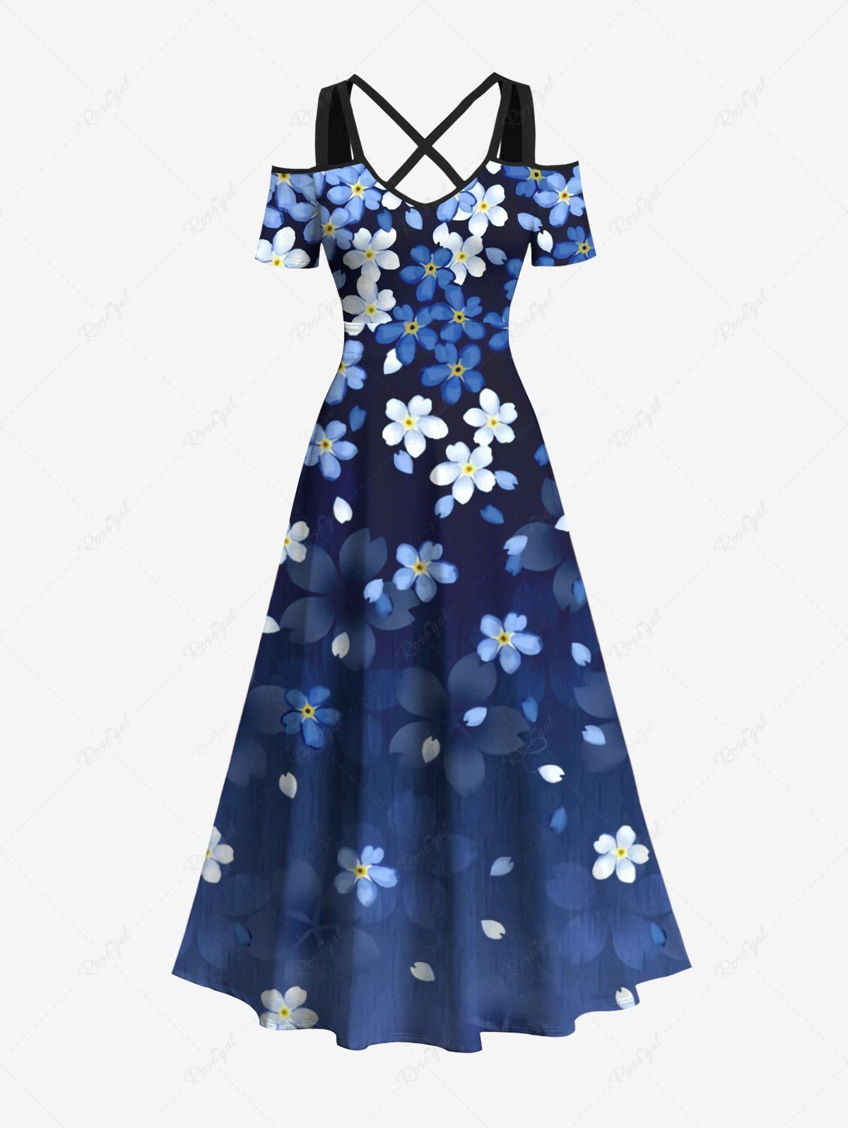 Best Plus Size Cold Shoulder Cherry Blossoms Floral Print Hawaii Ombre Crisscross A Line Maxi Dress  