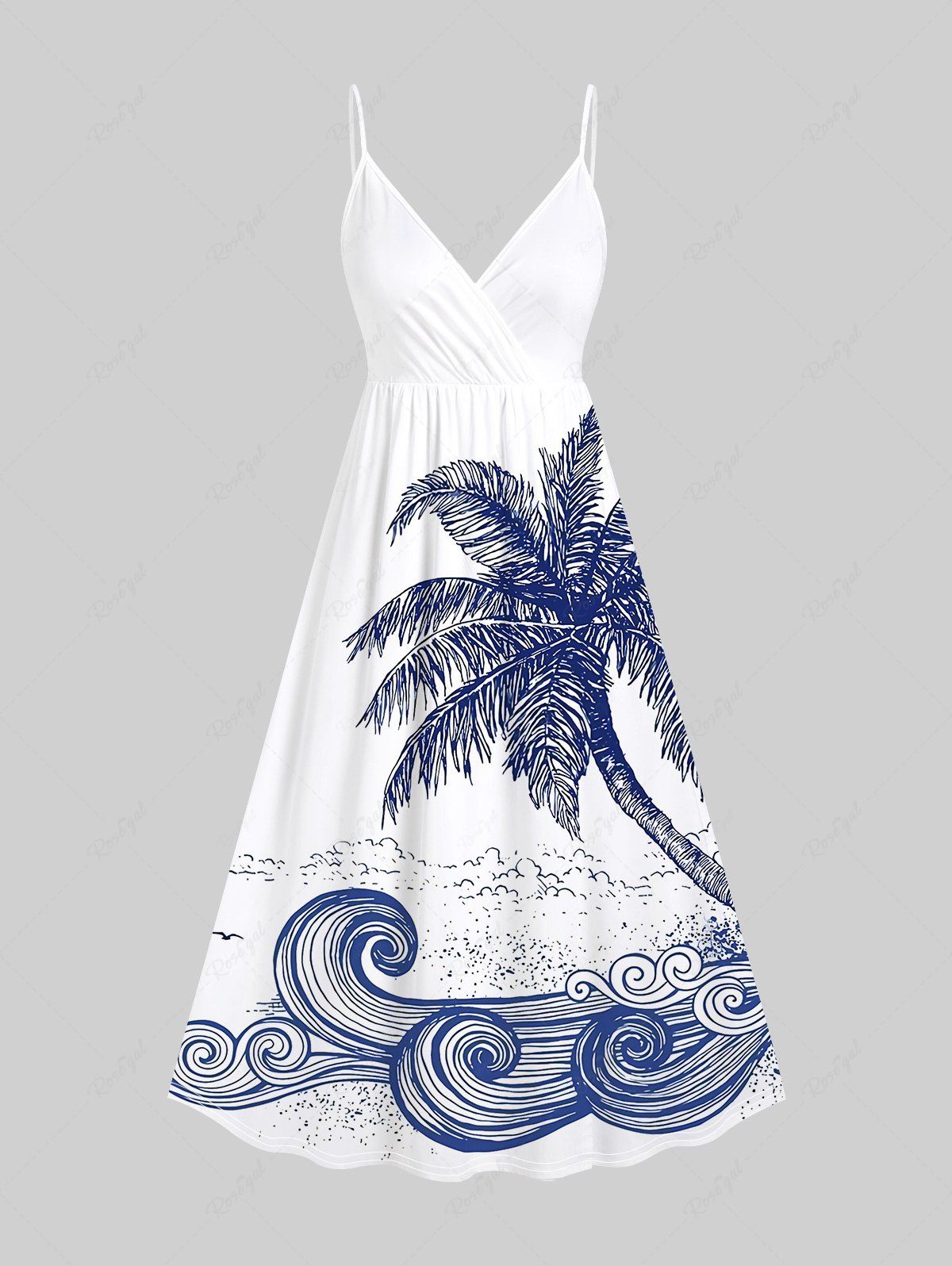Online Plus Size Coconut Tree Sea Waves Print Surplice Hawaii Cami Dress  