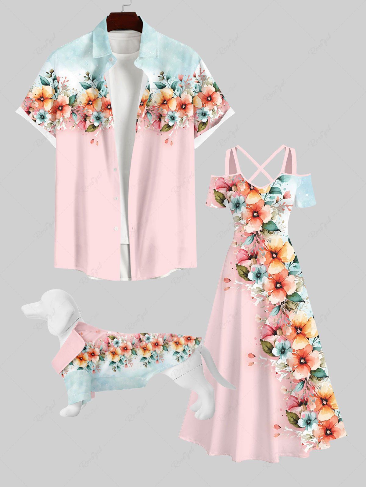 Cheap Flowers Leaf Print Buttons Pocket Hawaii Dog and Owner Matching Outfits  