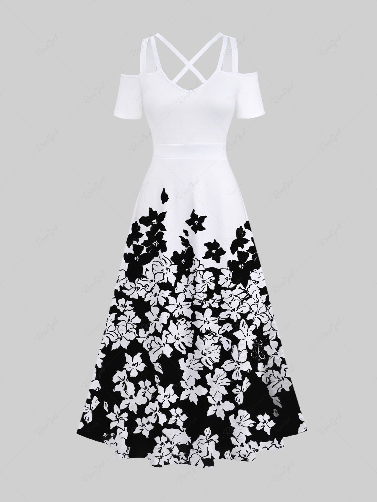 Online Plus Size Two Tone Flowers Colorblock Print Cold Shoulder Crisscross Hawaii Maxi Dress  