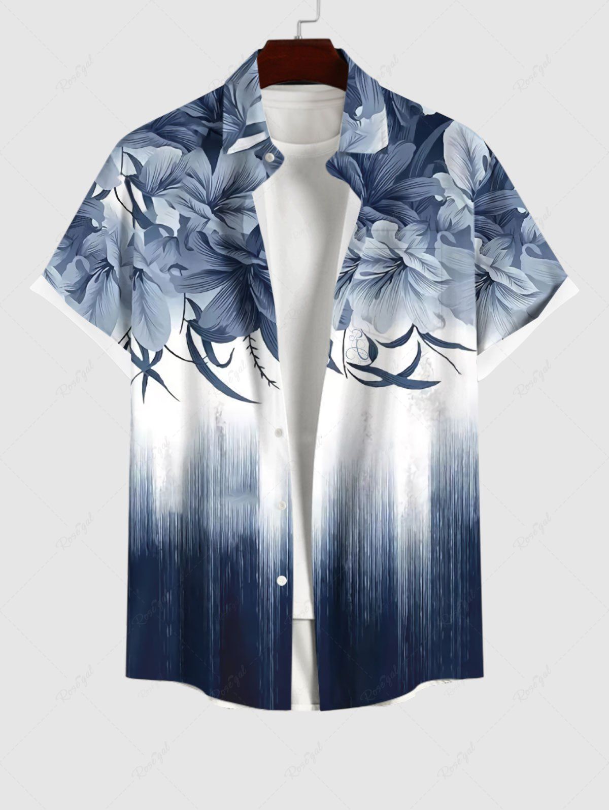 Hot Plus Size Ombre Colorblock Hibiscus Flowers Leaf Print Buttons Pocket Shirt For Men  