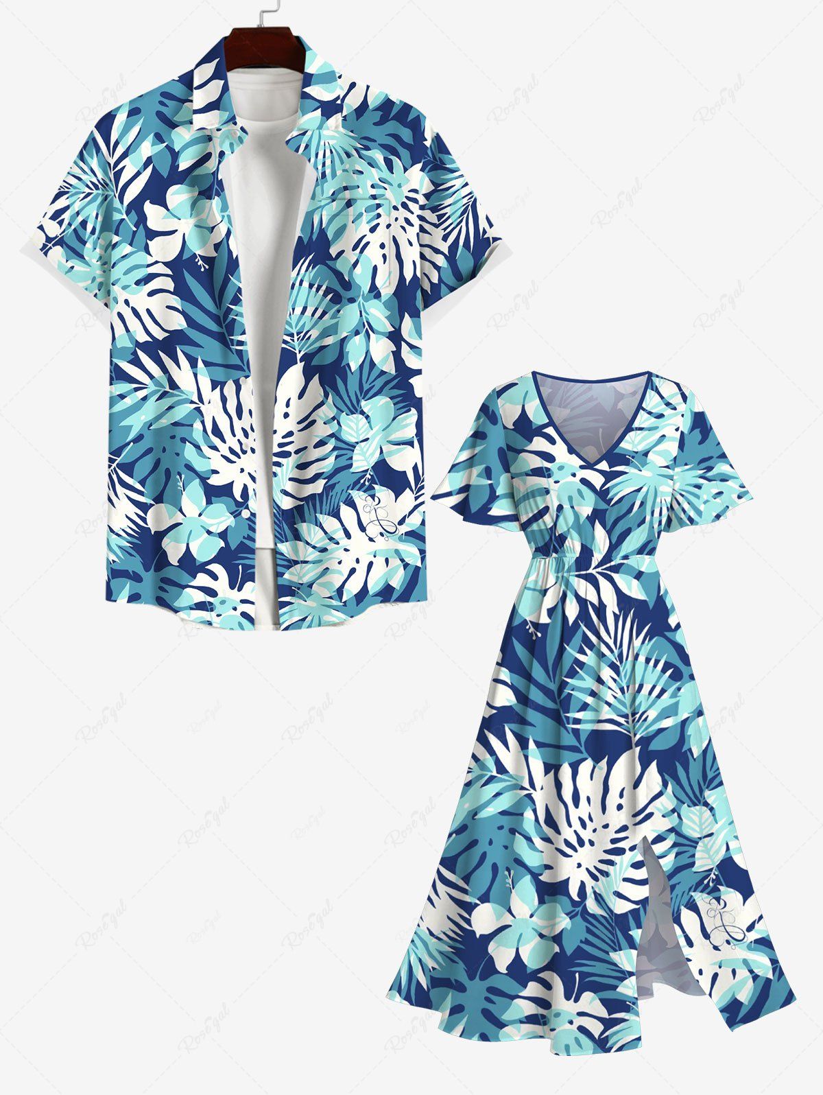 Shop Tropical Leaf Flowers Print Plus Size Matching Hawaii Beach Outfit For Couples  