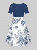 Plus Size Floral Leaves Print Hawaii Cinched A Line Dress -  