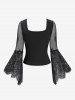 Gothic Flare Sleeve Floral Lace Panel Ruched Bust Hook and Eye Top -  