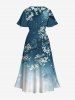 Plus Size Peach Blossom Branch Print Ombre Split Pocket A Line Midi Dress -  