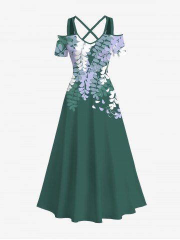 Plus Size Cold Shoulder Branch Leaves Print Hawaii Crisscross A Line Maxi Dress - GREEN - 3X