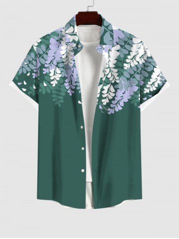 Plus Size Branch Leaves Print Hawaii Ombre Button Pocket Shirt For Men - GREEN - 4XL