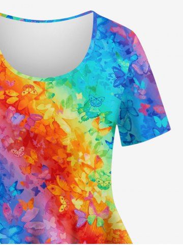 Plus Size Rainbow Colorblock Colorful Butterfly Print T-shirt
