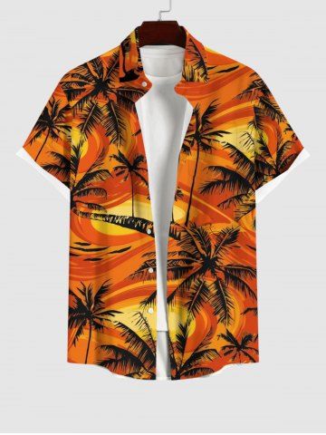 Plus Size Coconut Tree Painting Print Hawaii Button Pocket Shirt For Men - DARK ORANGE - M