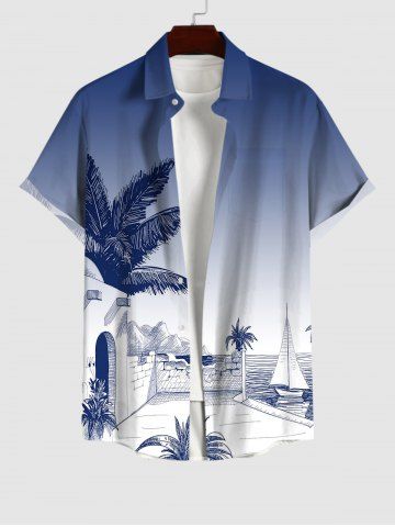 Plus Size Coconut Tree Seascape Dip Dye Print Hawaii Ombre Button Pocket Shirt For Men - MULTI-A - L