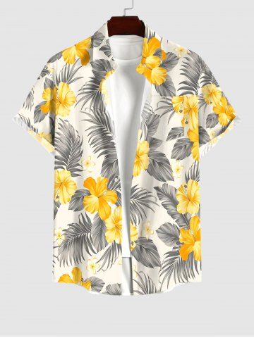 Plus Size Tropical Leaf Hibiscus Flowers Print Buttons Pocket Hawaii Shirt For Men - YELLOW - S