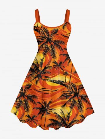 Plus Size Coconut Tree Painting Print Hawaii A Line Tank Dress - DARK ORANGE - S