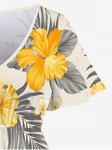 Plus Size Tropical Leaf Hibiscus Flowers Print Hawaii Split Midi Dress