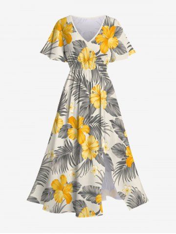 Robe Mi-Longue Fendue Fleur D'Hibiscus et Feuille Tropicale Imprimées de Grande Taille - YELLOW - S