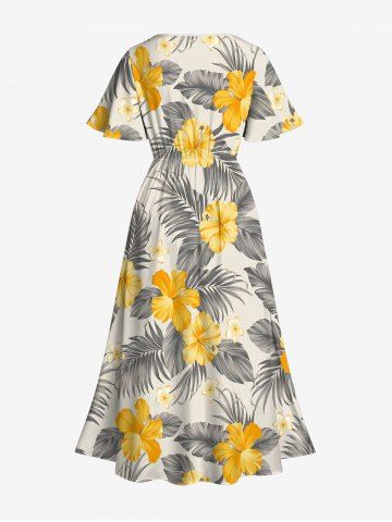 Plus Size Tropical Leaf Hibiscus Flowers Print Hawaii Split Midi Dress