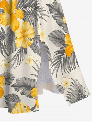 Plus Size Tropical Leaf Hibiscus Flowers Print Hawaii Split Midi Dress
